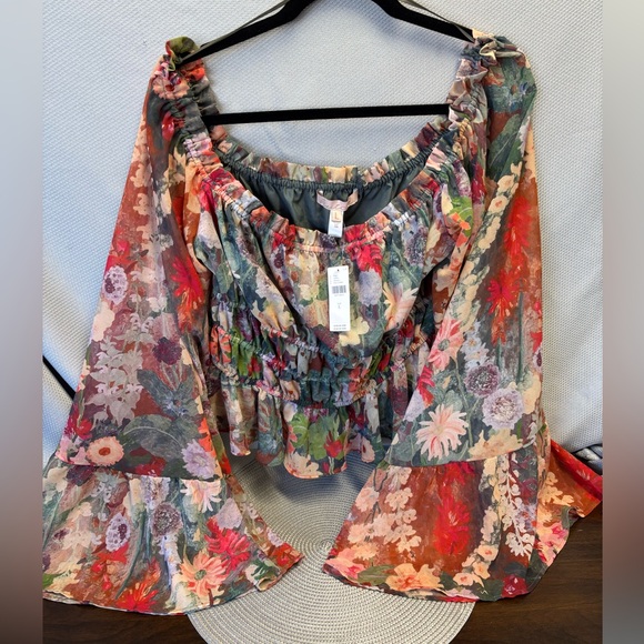 NWT Hutch/Anthropologie off the shoulder floral crop top with tulip sleeves. - Picture 1 of 2